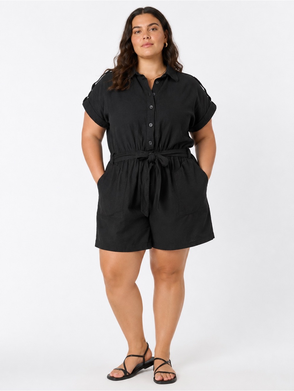 BB Dakota Linen Blend Short Button Down Romper Minimalist Coastal Comfort Boho